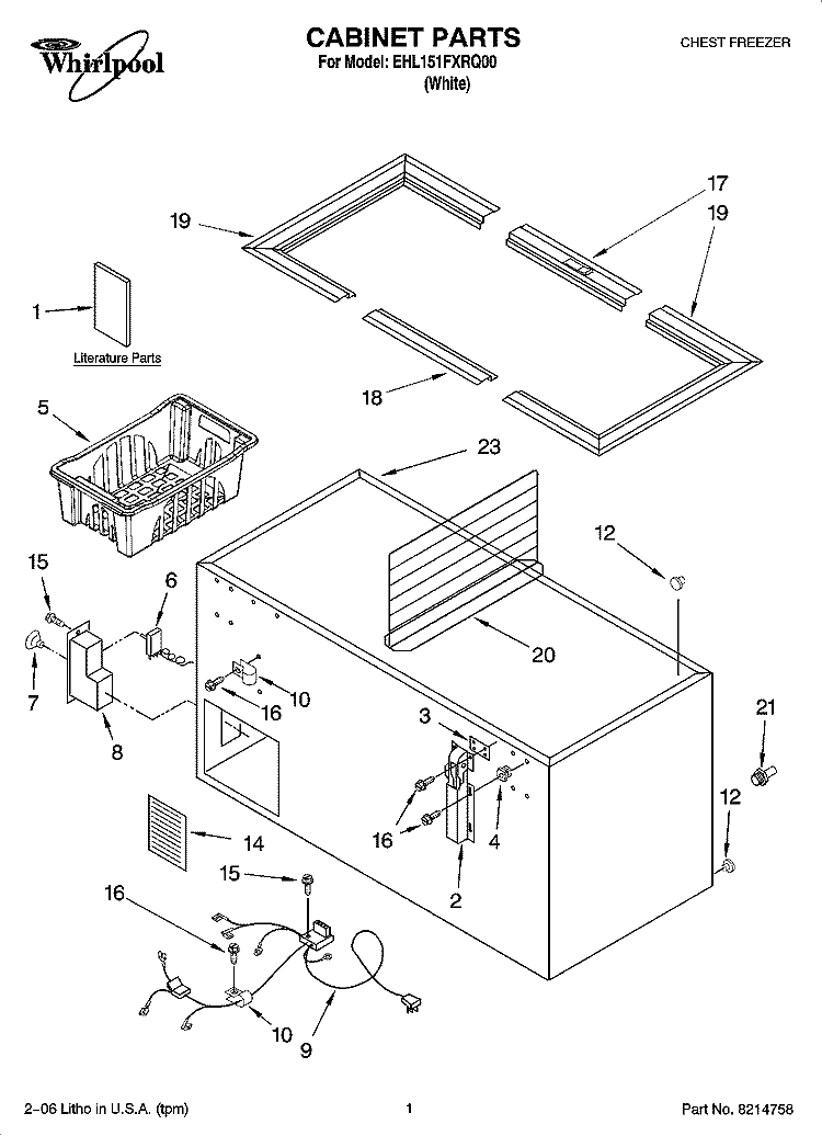 CABINET PARTS Diagram and Parts List for EHL151FXRQ00  Whirlpool Freezer
