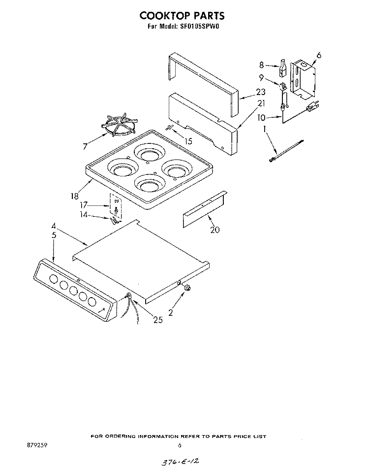 COOKTOP Diagram and Parts List for SF0105SPW0  Whirlpool Range