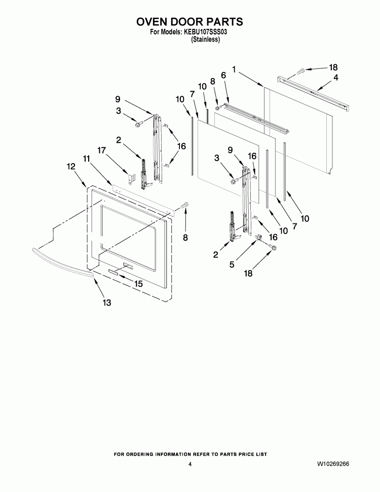 OVEN DOOR PARTS Diagram and Parts List for KEBU107SSS03  KitchenAid Wall Oven