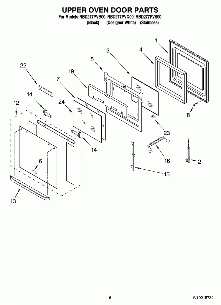 UPPER OVEN DOOR PARTS Diagram and Parts List for RBD277PVB00  Whirlpool Wall Oven
