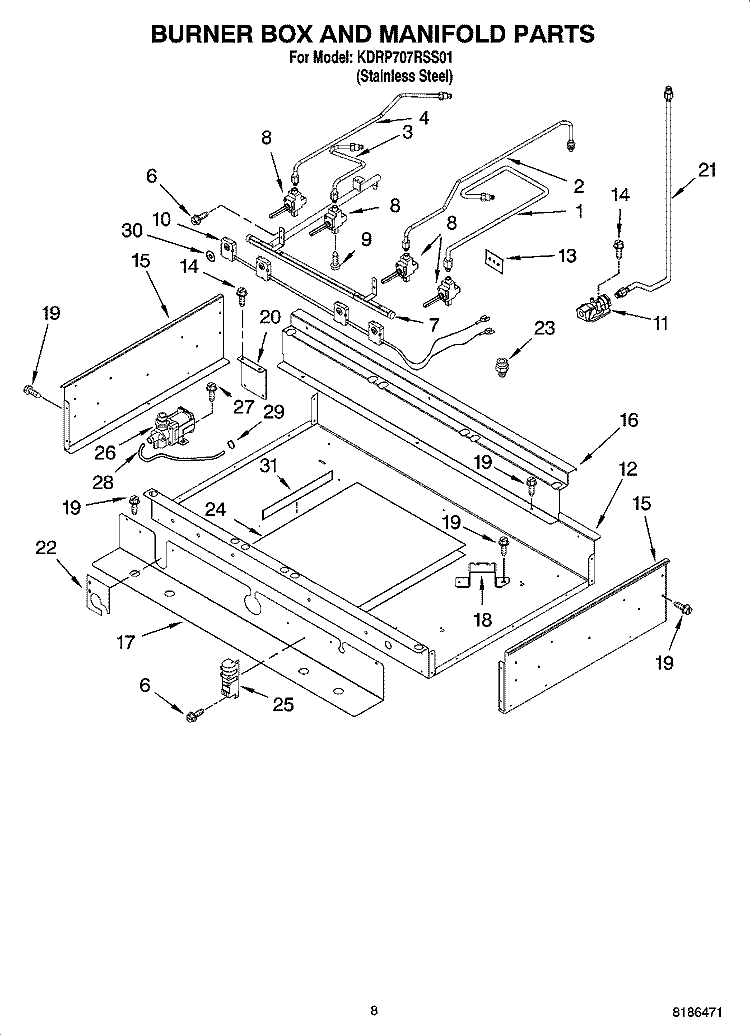 BURNER BOX AND MANIFOLD PARTS Diagram and Parts List for KDRP707RSS01  KitchenAid Range