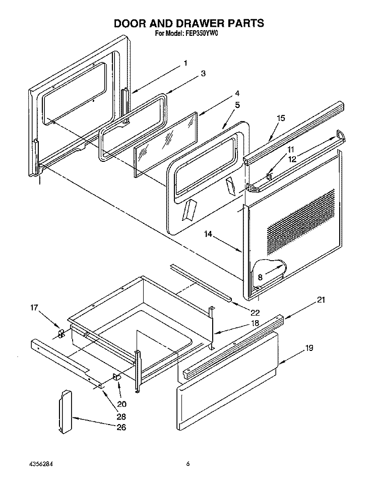 DOOR AND DRAWER Diagram and Parts List for FEP350YL0  Roper Range