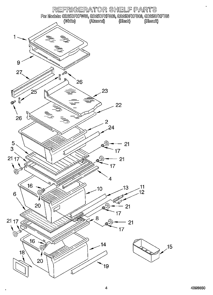 REFRIGERATOR SHELF Diagram and Parts List for GD25DFXFB03  Whirlpool Refrigerator