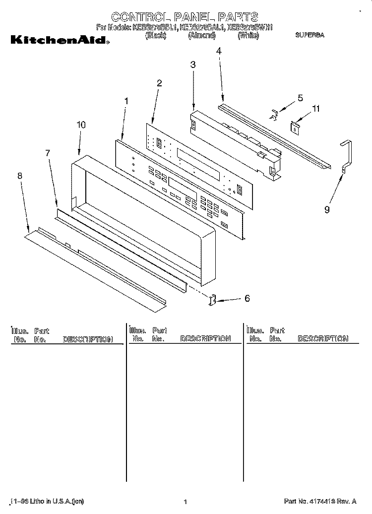 CONTROL PANEL, LIT/OPTIONAL Diagram and Parts List for KEBS278BWH1  KitchenAid Wall Oven