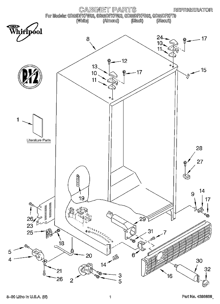 CABINET, LITERATURE Diagram and Parts List for GD22DFXFB03  Whirlpool Refrigerator