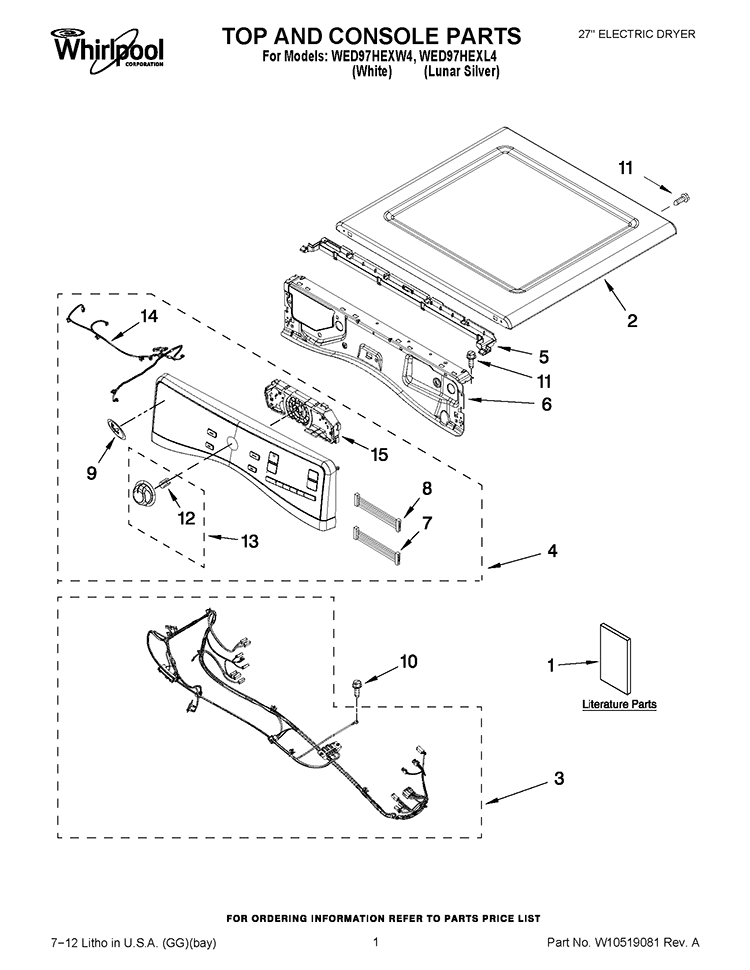 TOP AND CONSOLE PARTS Diagram and Parts List for WED97HEXL4  Whirlpool Dryer