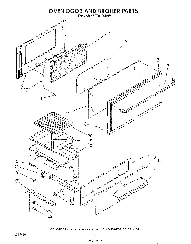 OVEN DOOR AND BROILER Diagram and Parts List for SF305ESRW5  Whirlpool Range
