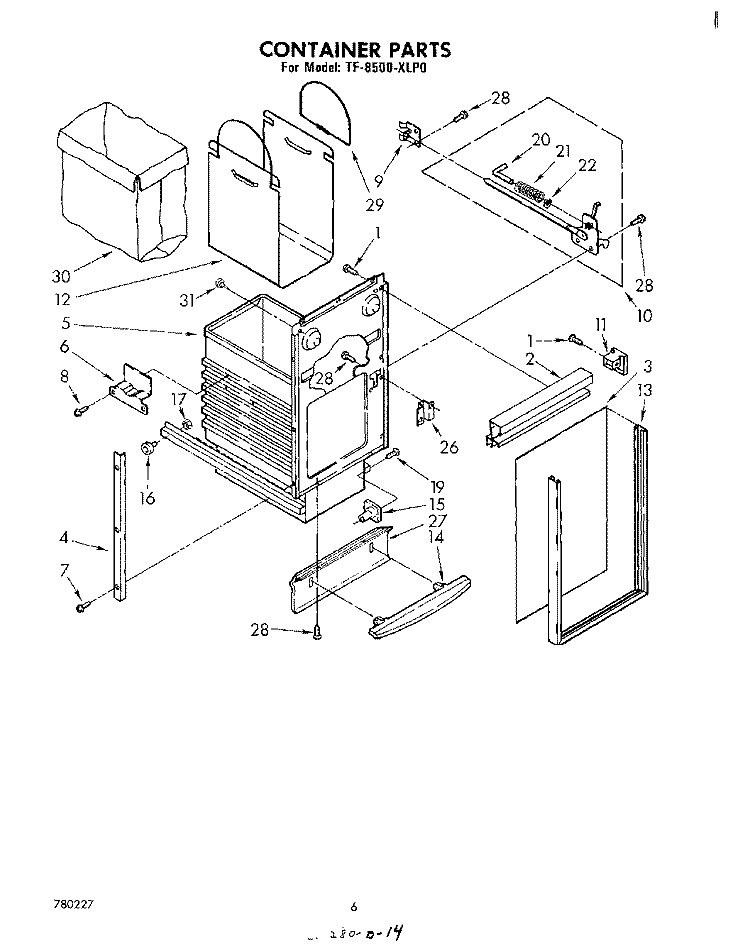 CONTAINER Diagram and Parts List for TF8500XLP0  Whirlpool Trash Compactor