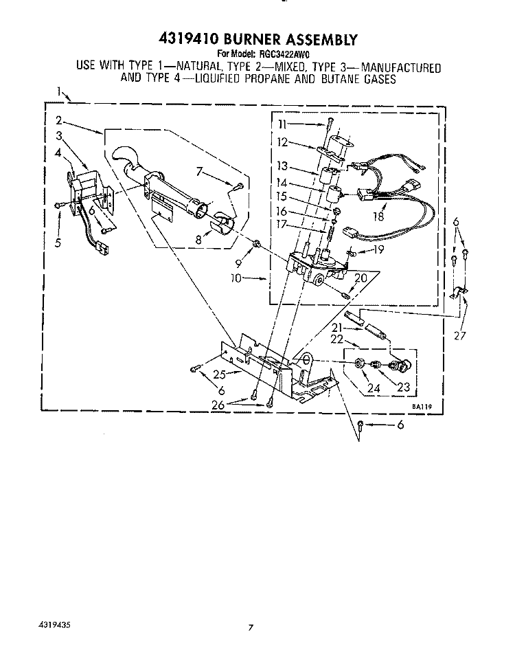 4319410 BURNER Diagram and Parts List for RGC3422AL0  Roper Dryer