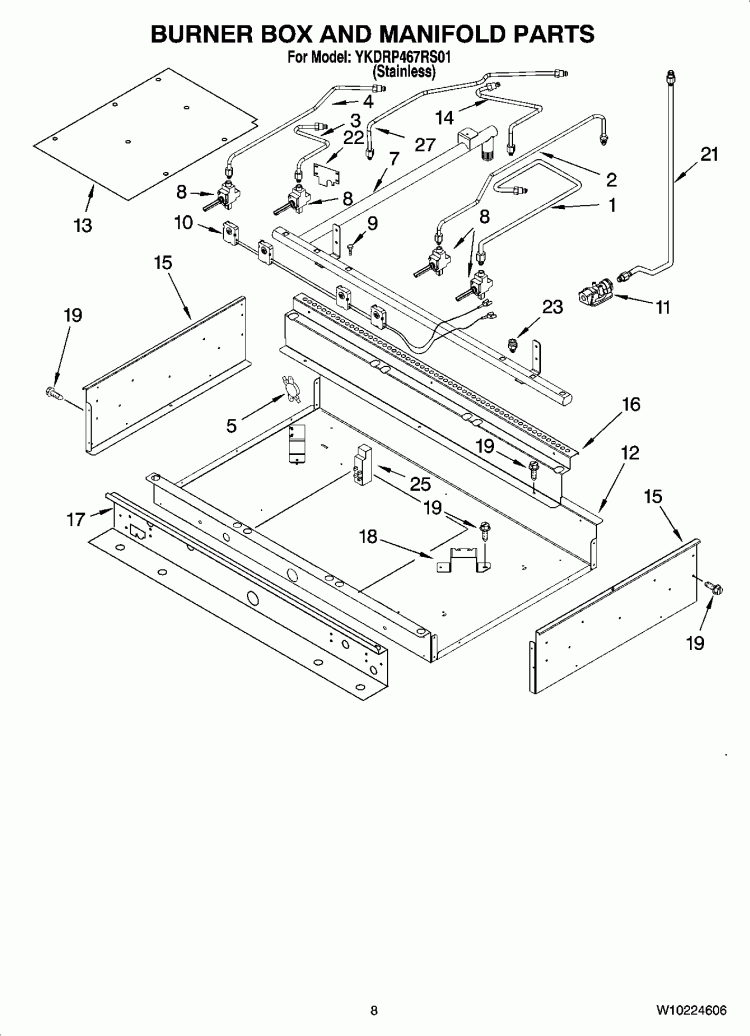 BURNER BOX AND MANIFOLD PARTS Diagram and Parts List for YKDRP467RS01  KitchenAid Range