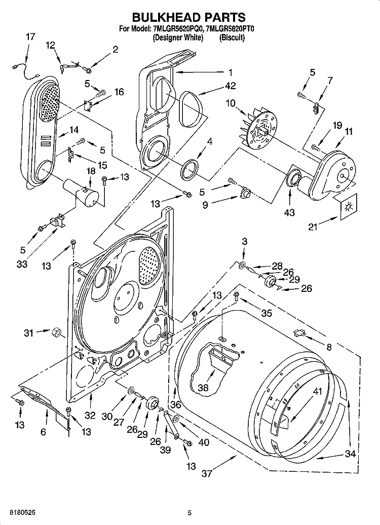 BULKHEAD PARTS Diagram and Parts List for 7MLGR5620PQ0  Whirlpool Dryer