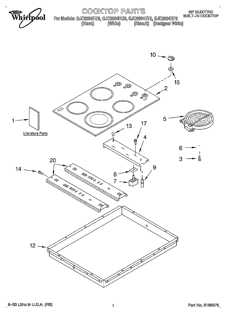 SECTION Diagram and Parts List for GJC3034HP3  Whirlpool Cooktop
