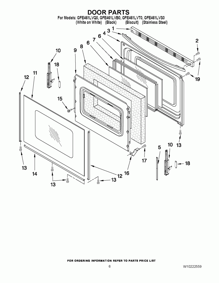 DOOR PARTS Diagram and Parts List for GFE461LVQ0  Whirlpool Range