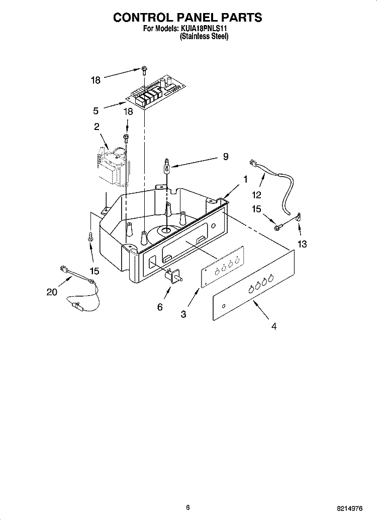 CONTROL PANEL PARTS Diagram and Parts List for KUIA18PNLS11  KitchenAid Ice Maker