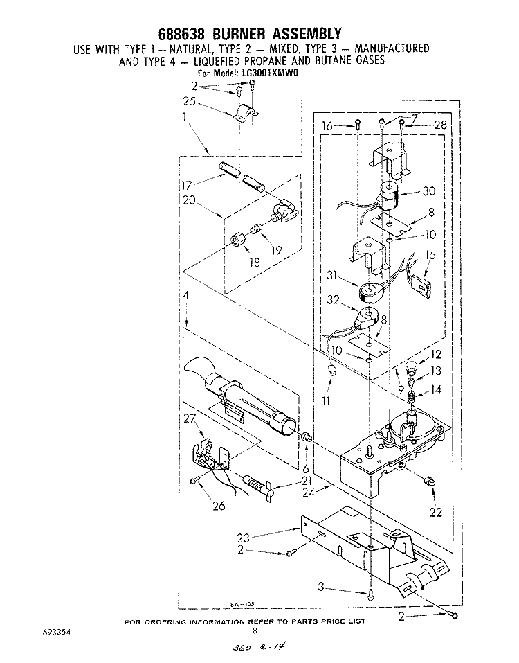 688638 BURNER Diagram and Parts List for LG3001XMW0  Whirlpool Dryer