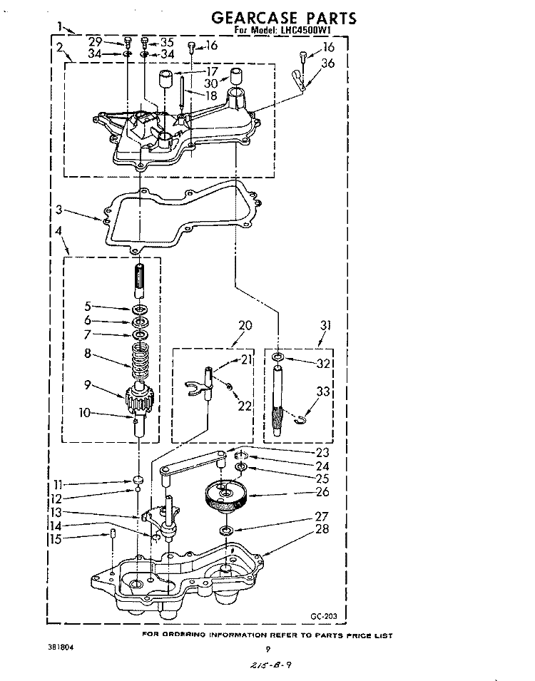 GEARCASE Diagram and Parts List for LHC4500W1  Whirlpool Washer