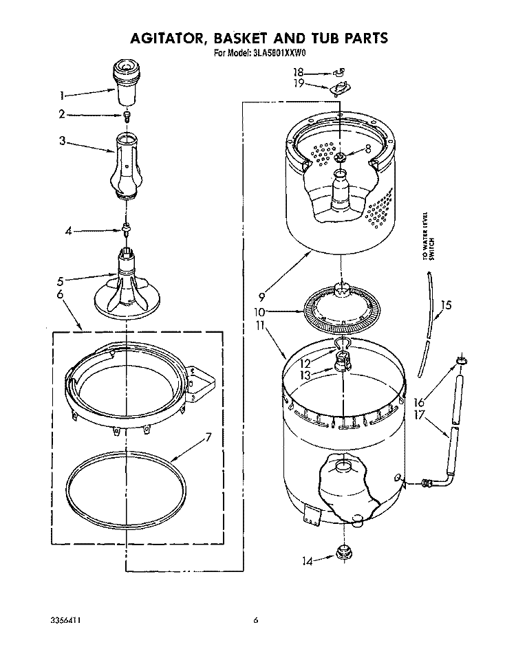 AGITATOR, BASKET AND TUB Diagram and Parts List for 3LA5801XXW0  Whirlpool Washer