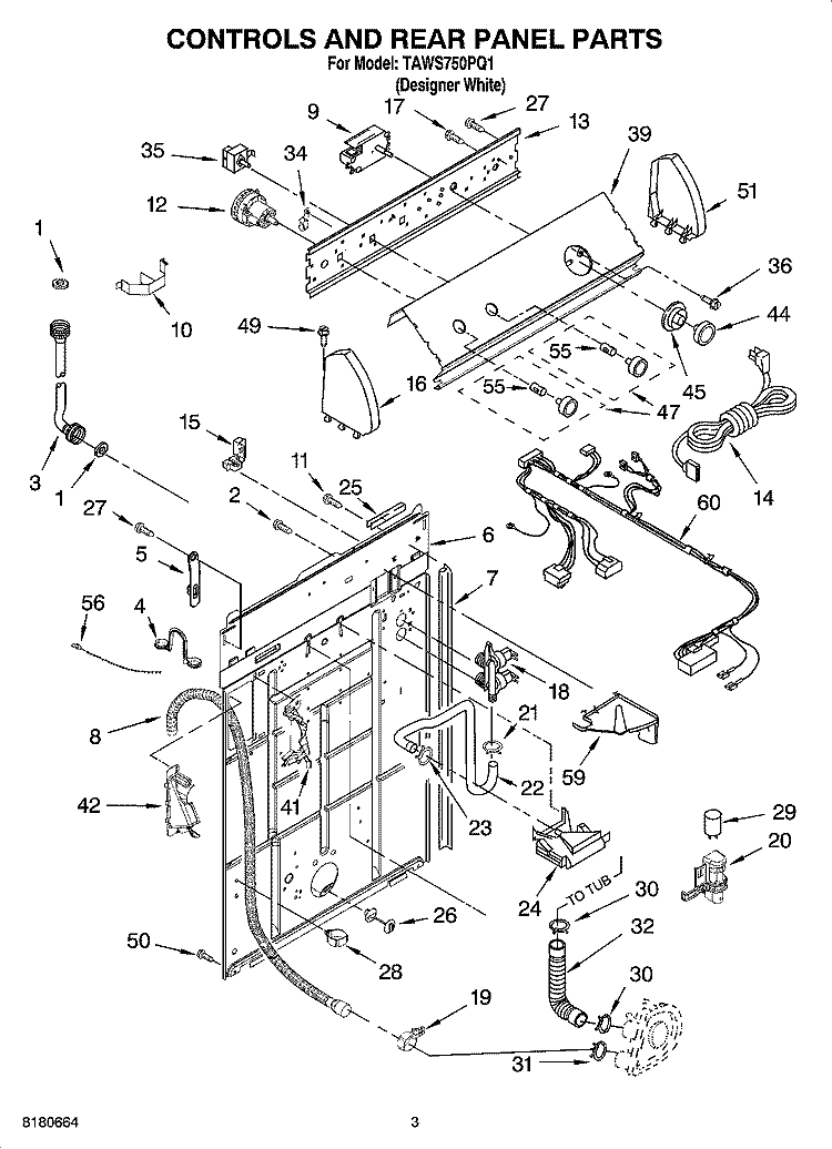 CONTROLS AND REAR PANEL PARTS Diagram and Parts List for TAWS750PQ1  Estate Washer