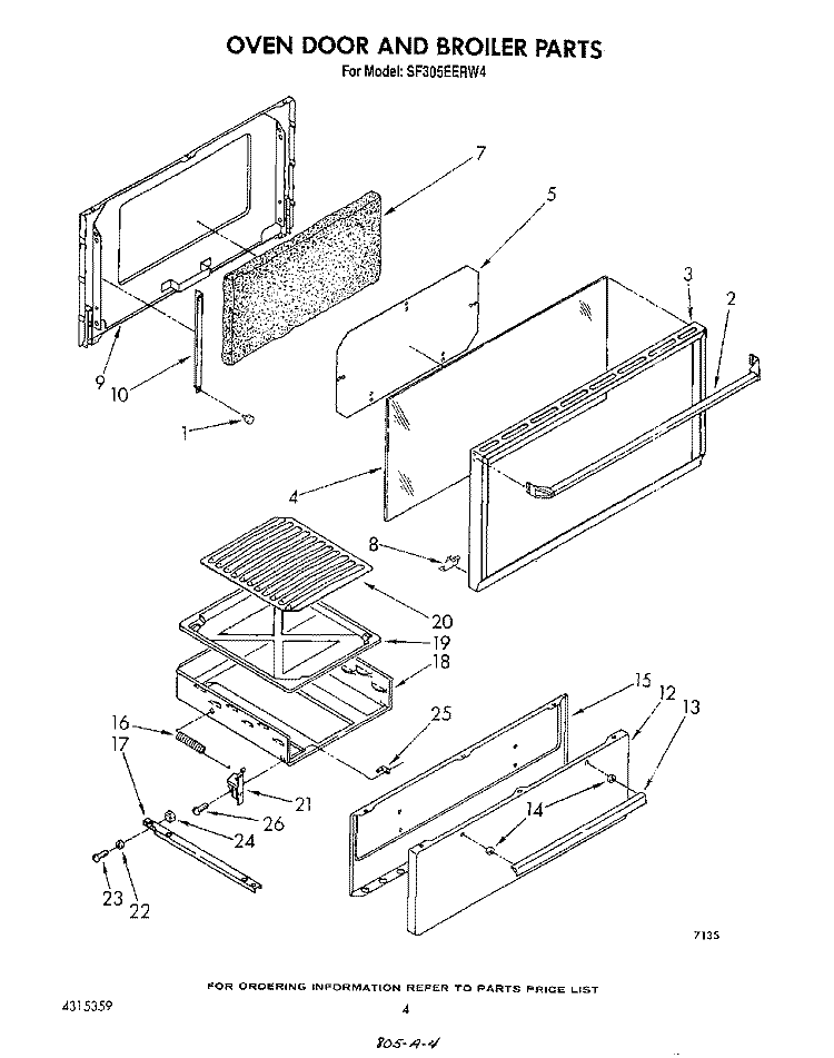 OVEN DOOR AND BROILER Diagram and Parts List for SF305EERW4  Whirlpool Range