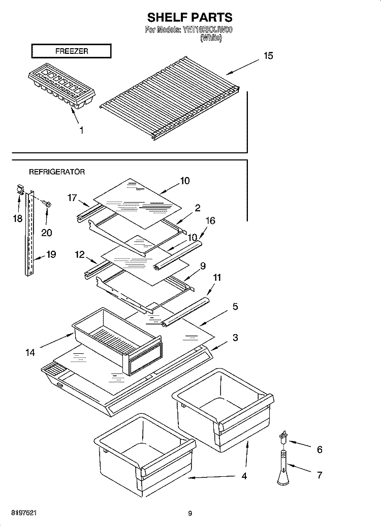 SHELF PARTS, OPTIONAL PARTS Diagram and Parts List for YET18RKXJW00  Whirlpool Refrigerator