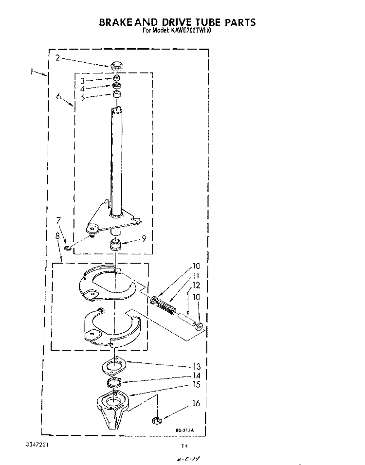 BRAKE AND DRIVE TUBE Diagram and Parts List for KAWE700TWH0  KitchenAid Washer