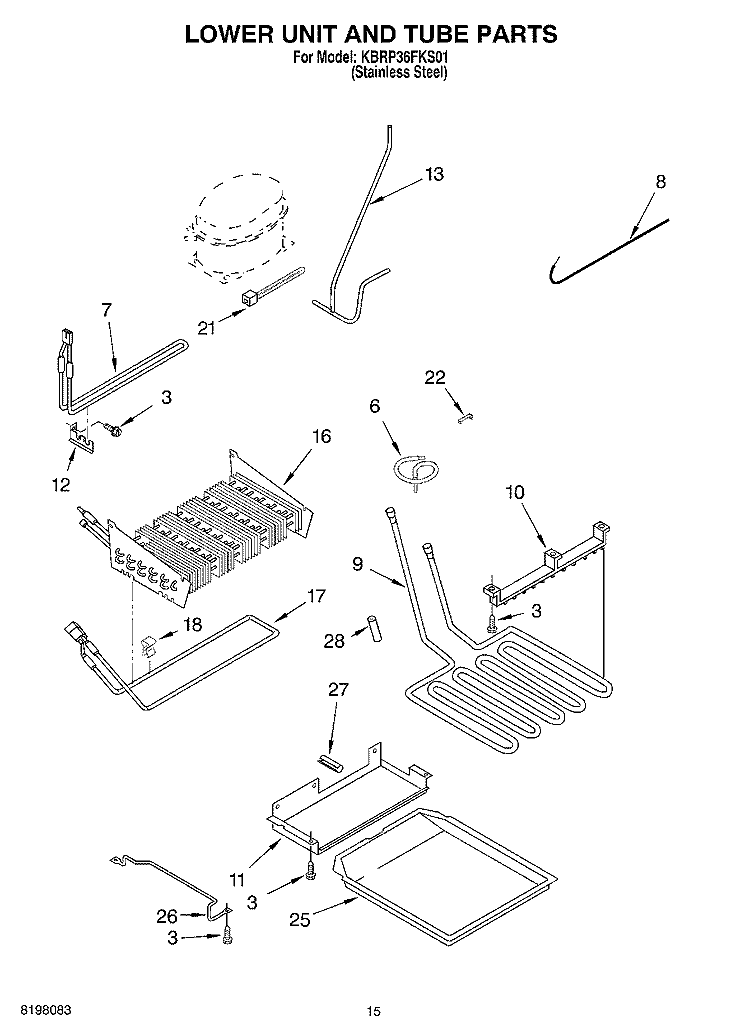 LOWER UNIT AND TUBE Diagram and Parts List for KBRP36FKS01  KitchenAid Refrigerator