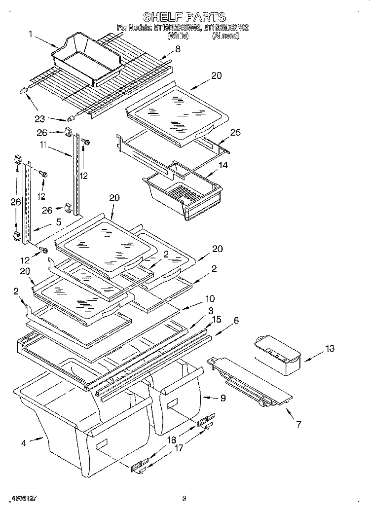 SHELF, LIT/OPTIONAL Diagram and Parts List for ET19RMXGN02  Whirlpool Refrigerator