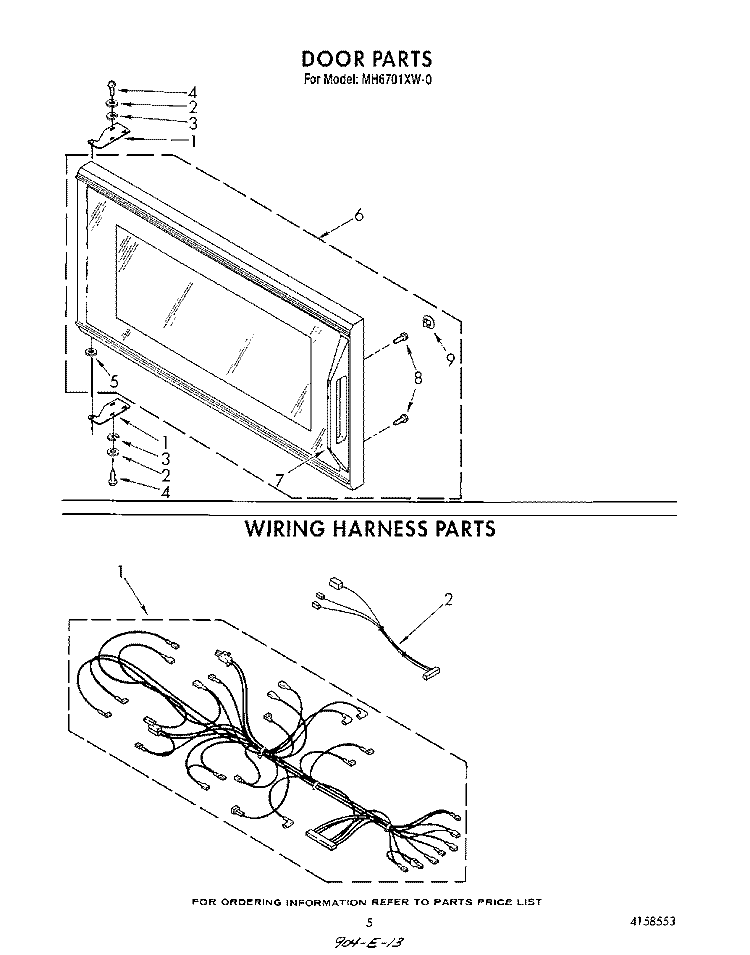 DOOR , WIRING HARNESS , LIT/OPTIONAL Diagram and Parts List for MH6701XW0  Whirlpool Microwave