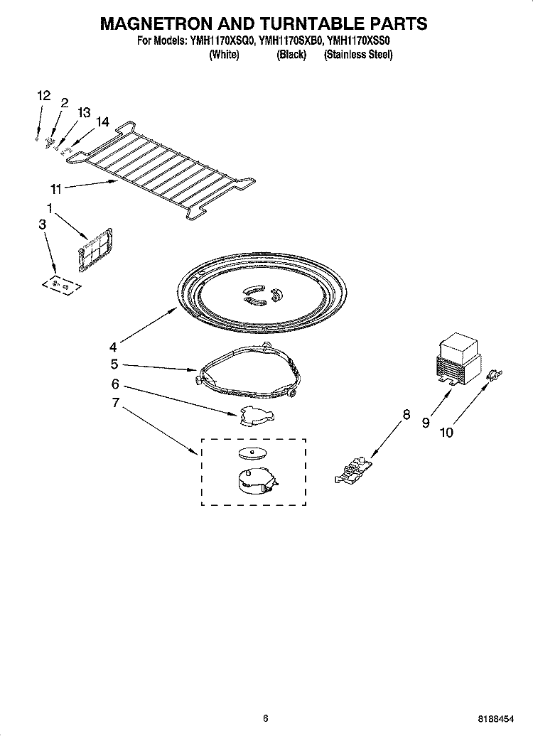 MAGNETRON AND TURNTABLE PARTS Diagram and Parts List for YMH1170XSQ0  Whirlpool Microwave