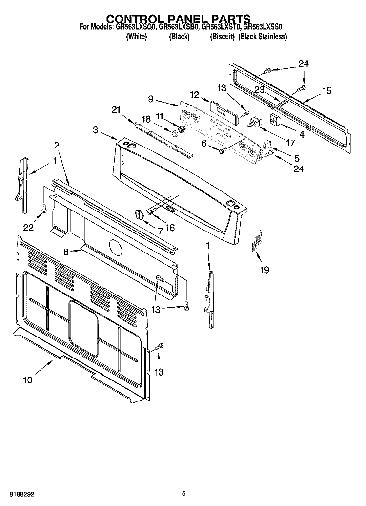 CONTROL PANEL PARTS Diagram and Parts List for GR563LXSB0  Whirlpool Range