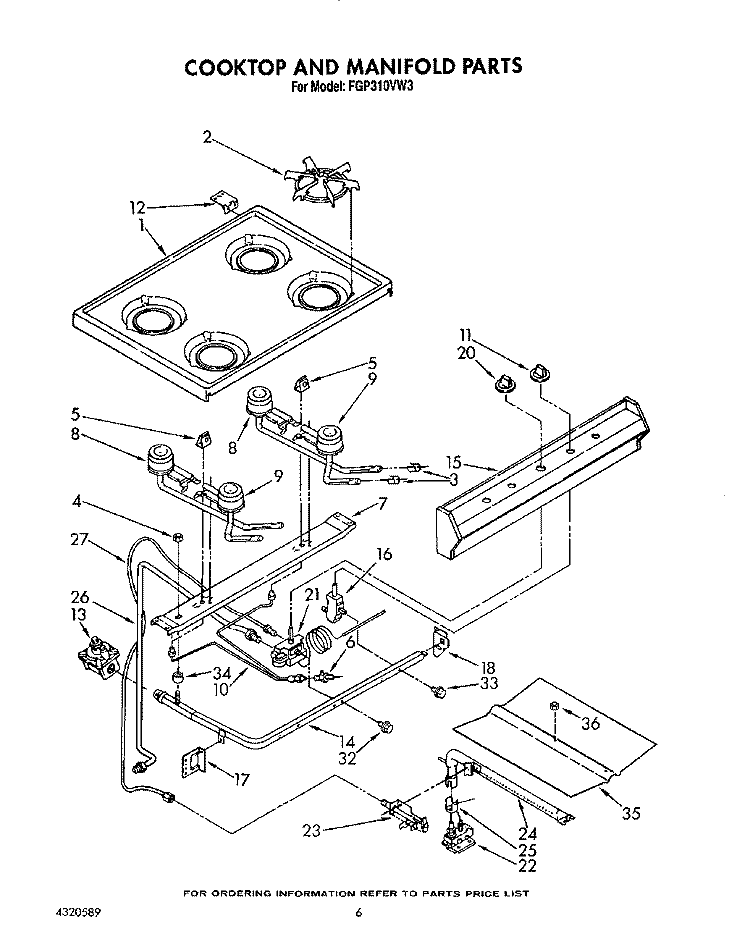 COOKTOP AND MANIFOLD, LIT/OPTIONAL Diagram and Parts List for FGP310VL3  Roper Range