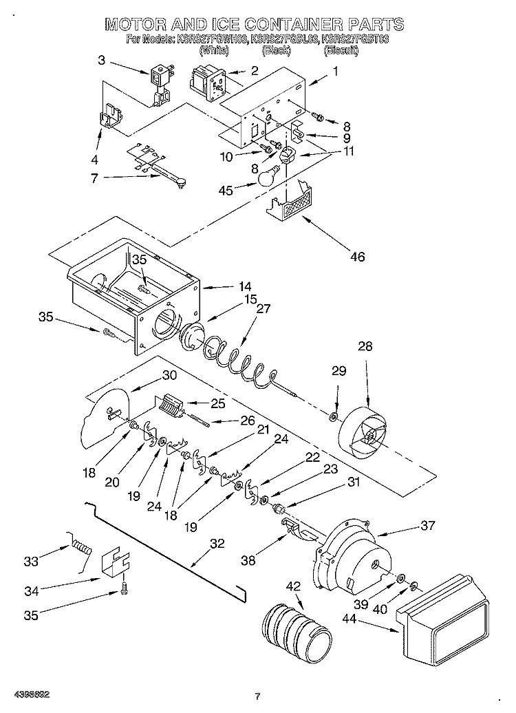 MOTOR AND ICE CONTAINER Diagram and Parts List for KSRS27FGBT03  KitchenAid Refrigerator