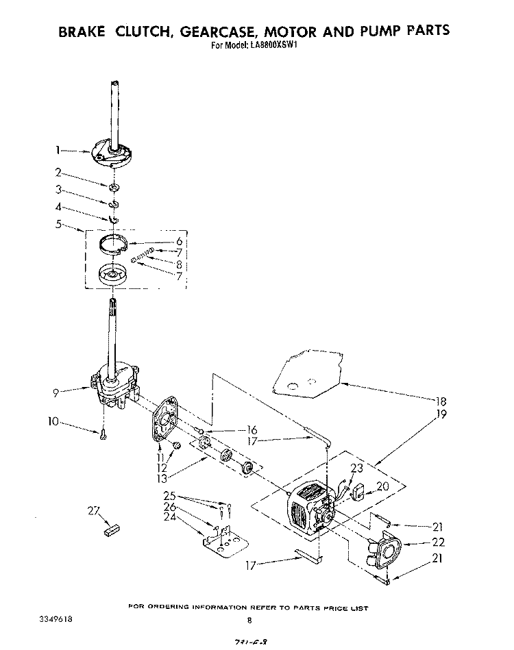BRAKE, CLUTCH, GEARCASE, MOTOR AND PUMP Diagram and Parts List for LA8800XSW1  Whirlpool Washer