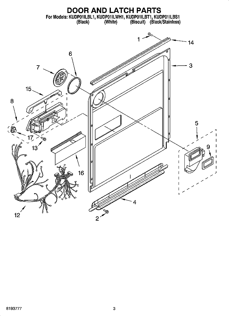 DOOR AND LATCH PARTS Diagram and Parts List for KUDP01ILBL1  KitchenAid Dishwasher