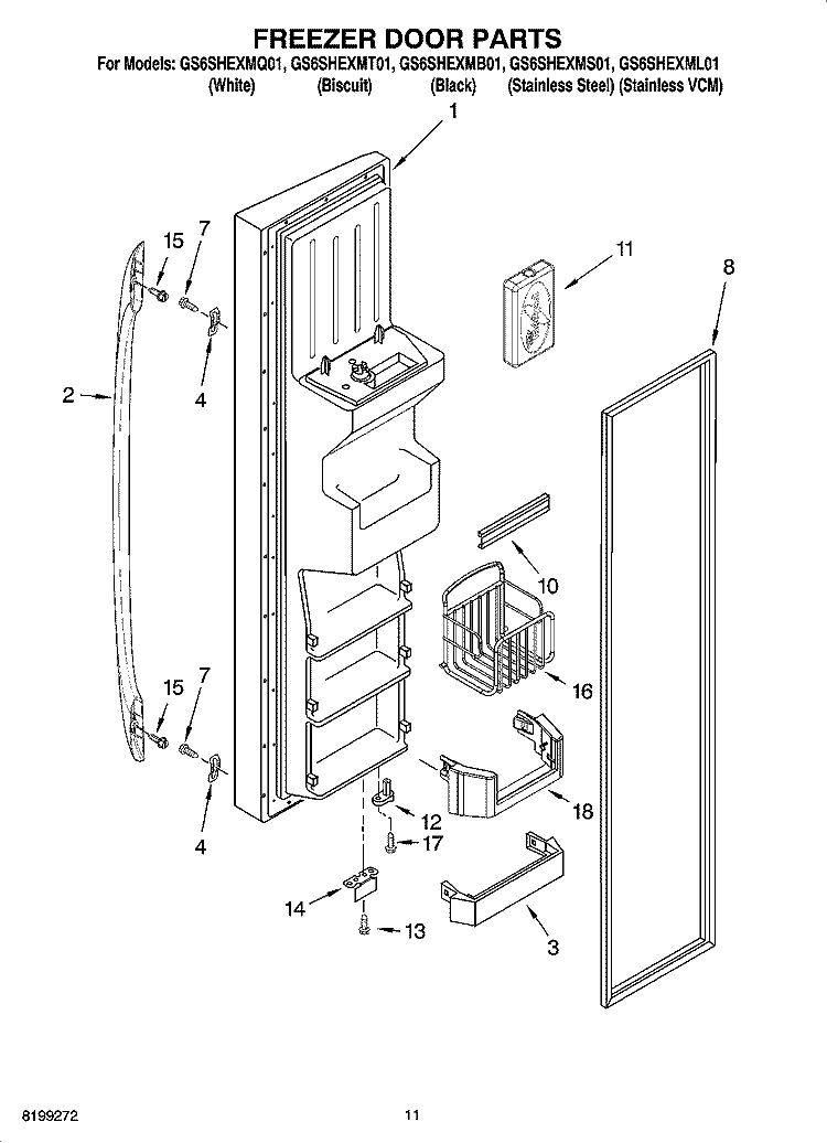 FREEZER DOOR PARTS Diagram and Parts List for GS6SHEXML01  Whirlpool Refrigerator