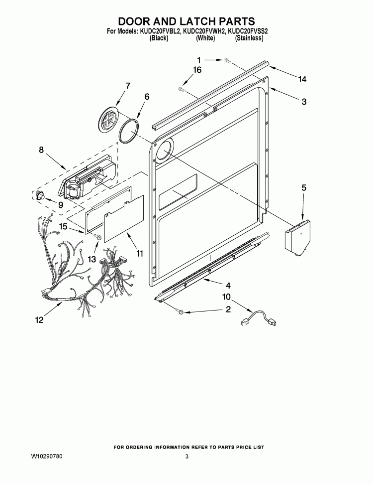 DOOR AND LATCH PARTS Diagram and Parts List for KUDC20FVSS2  KitchenAid Dishwasher