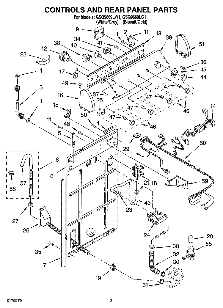 CONTROLS AND REAR PANEL PARTS Diagram and Parts List for GSQ9669LW1  Whirlpool Washer