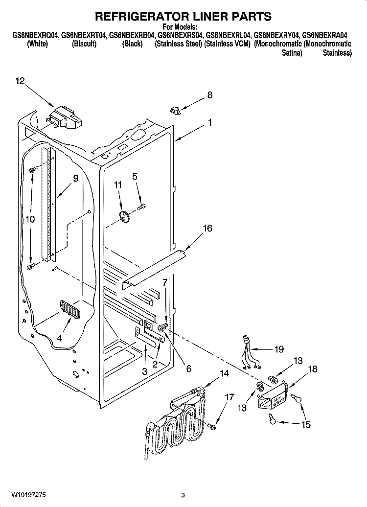 REFRIGERATOR LINER PARTS Diagram and Parts List for GS6NBEXRY04  Whirlpool Refrigerator