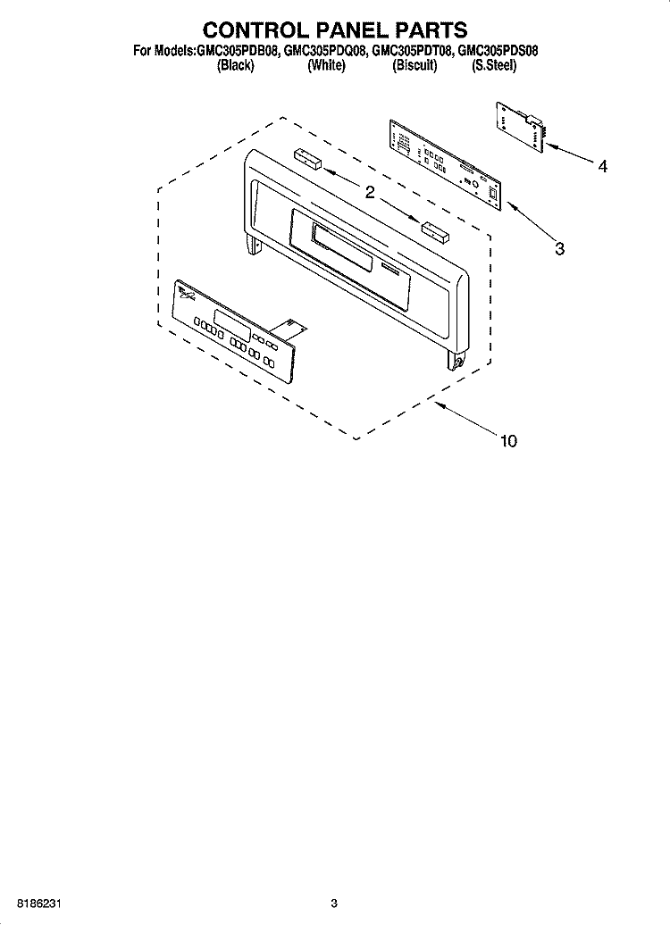 CONTROL PANEL PARTS Diagram and Parts List for GMC305PDQ08  Whirlpool Microwave Oven Combo