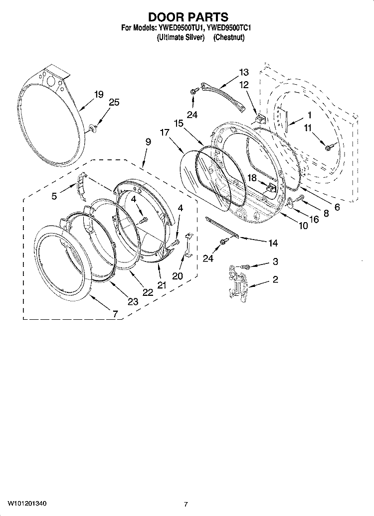 DOOR PARTS, OPTIONAL PARTS (NOT INCLUDED) Diagram and Parts List for YWED9500TU1  Whirlpool Dryer