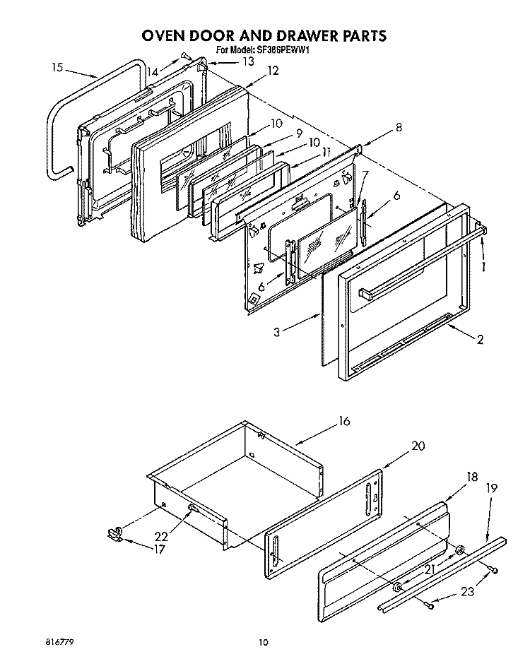 OVEN DOOR AND DRAWER Diagram and Parts List for SF386PEWW1  Whirlpool Range