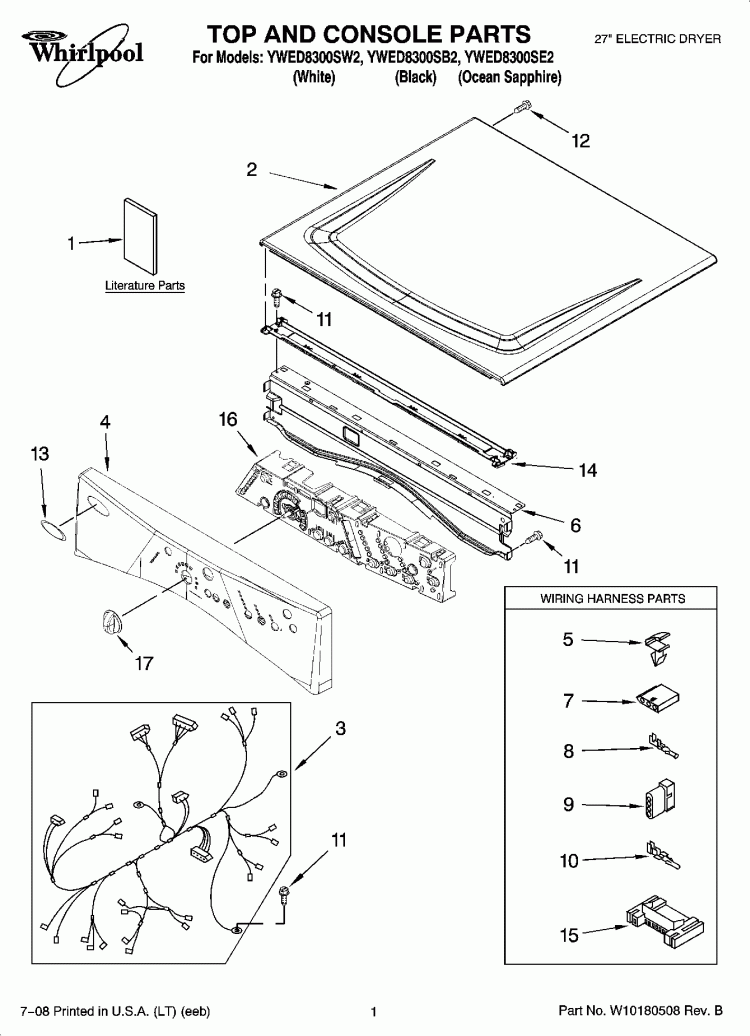 TOP AND CONSOLE PARTS Diagram and Parts List for YWED8300SB2  Whirlpool Dryer