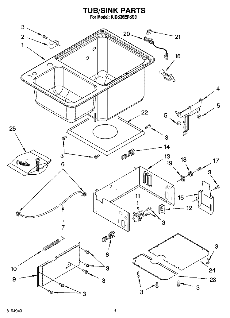 TUB/SINK PARTS Diagram and Parts List for KIDS36EPSS0  KitchenAid Dishwasher