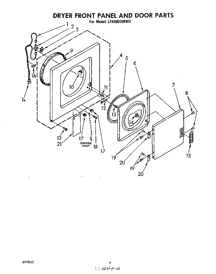 DRYER FRONT PANEL AND DOOR Diagram and Parts List for LT4900XMW0  Whirlpool Washer Dryer Combo