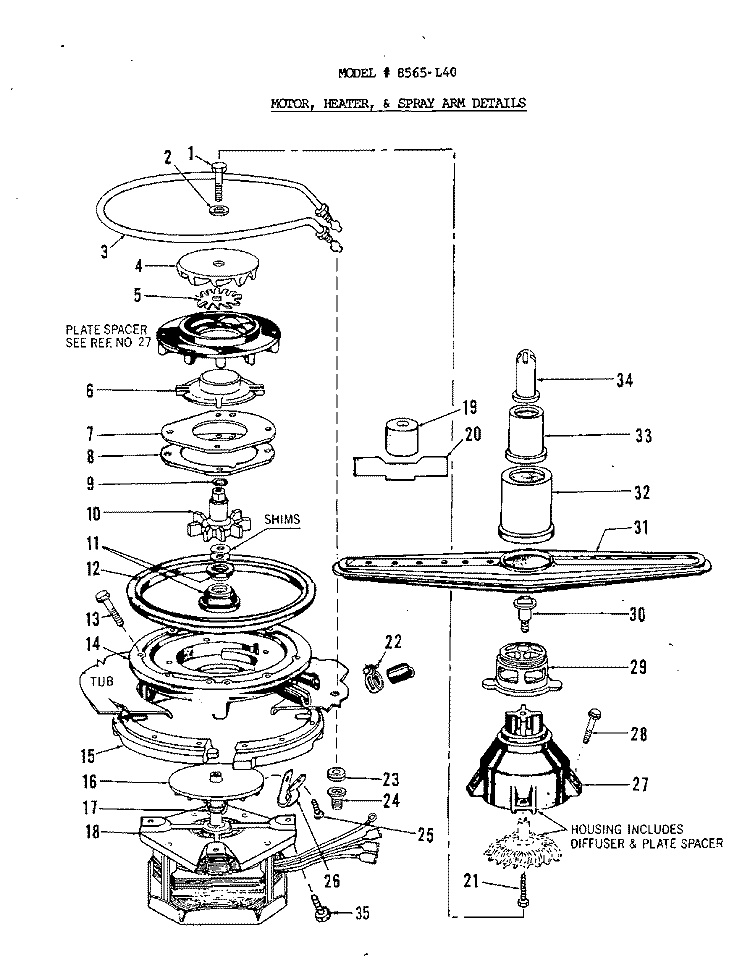 MOTOR, HEATER AND SPRAY ARM Diagram and Parts List for 8565L40  Roper Dishwasher