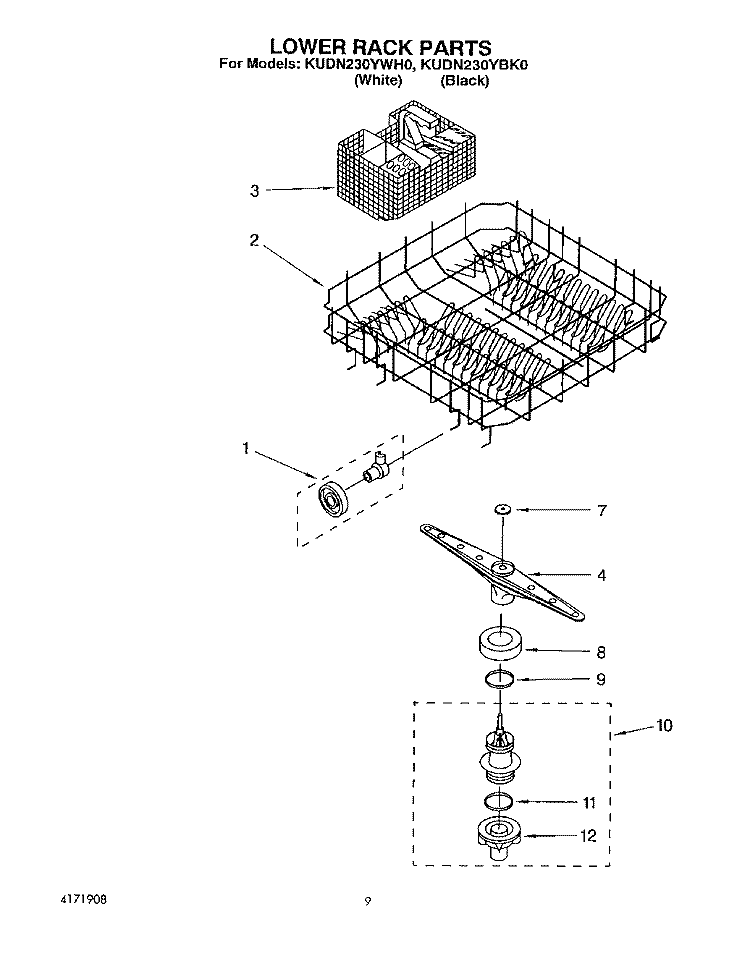 LOWER RACK Diagram and Parts List for KUDN230YWH0  KitchenAid Dishwasher