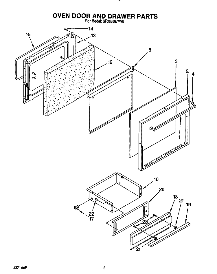 OVEN DOOR AND DRAWER Diagram and Parts List for SF365BEYN0  Whirlpool Range