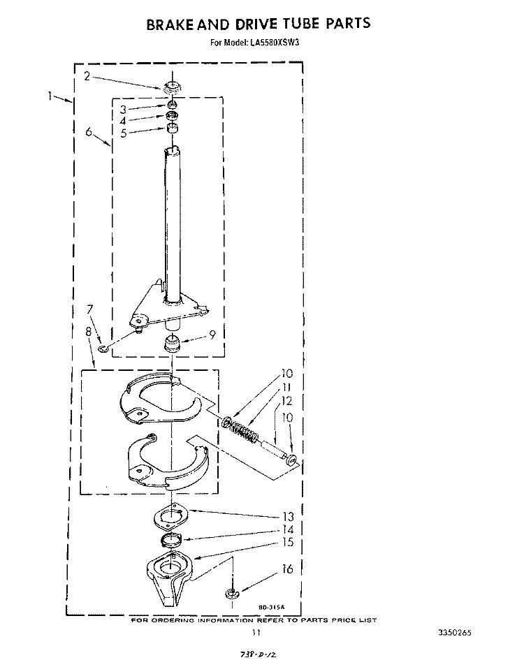 BRAKE AND DRIVE TUBE Diagram and Parts List for LA5580XSW3  Whirlpool Washer