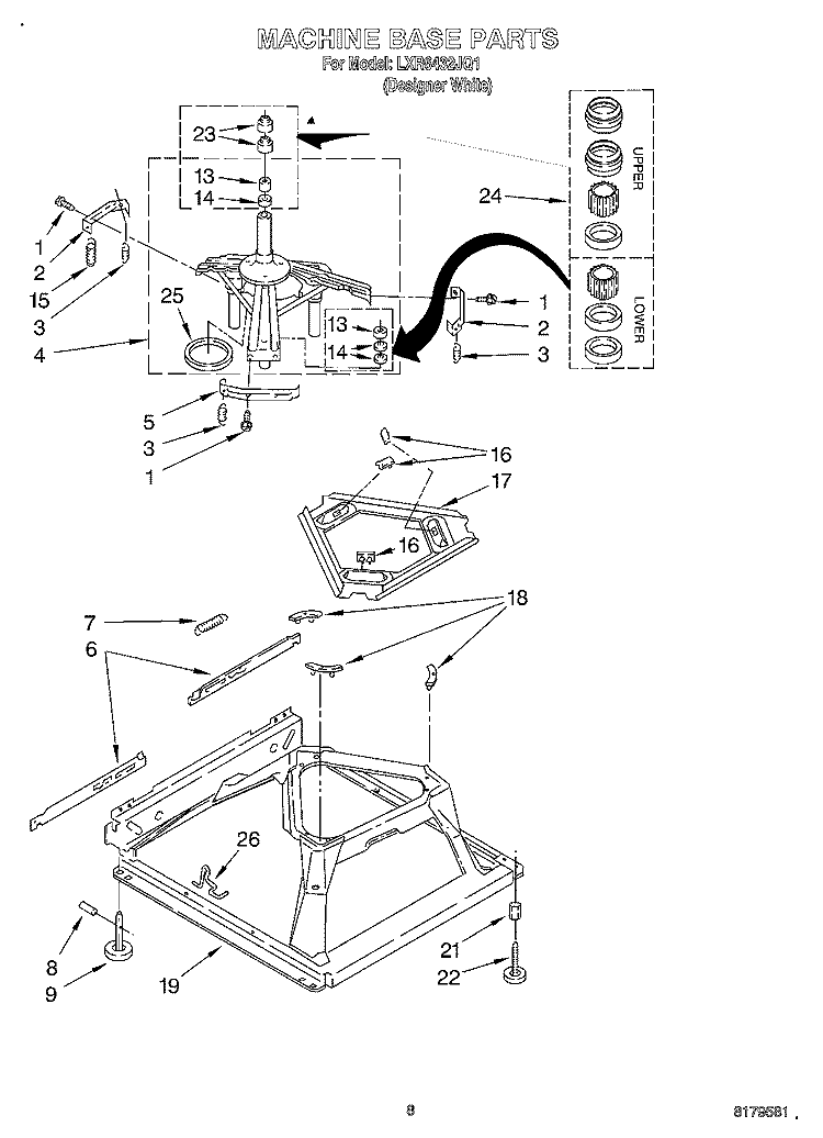 MACHINE BASE Diagram and Parts List for LXR6432JQ1  Whirlpool Washer