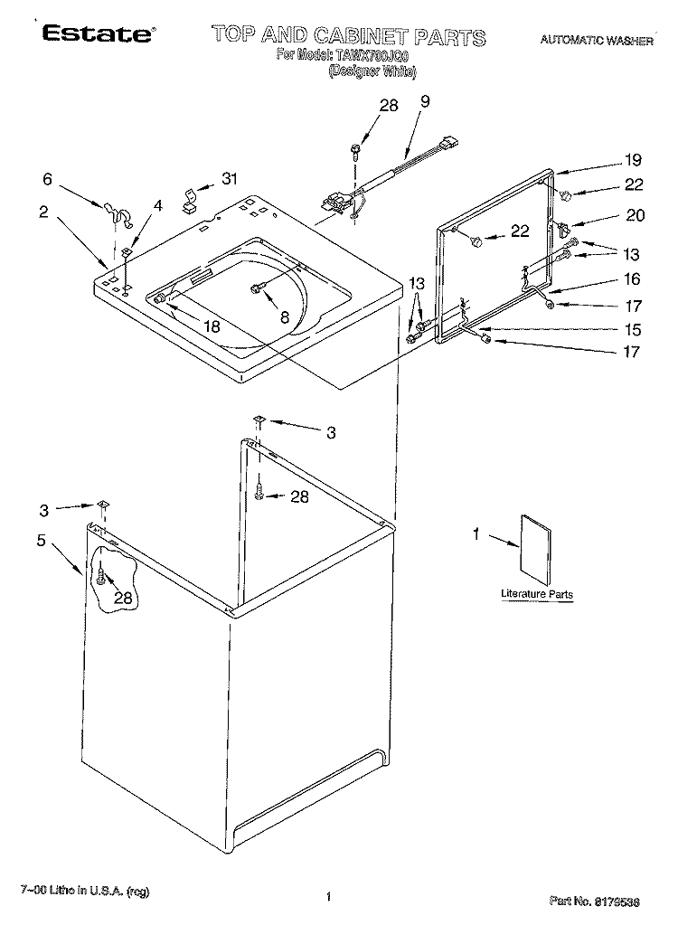TOP AND CABINET, LITERATURE Diagram and Parts List for TAWX700JQ0  Estate Washer